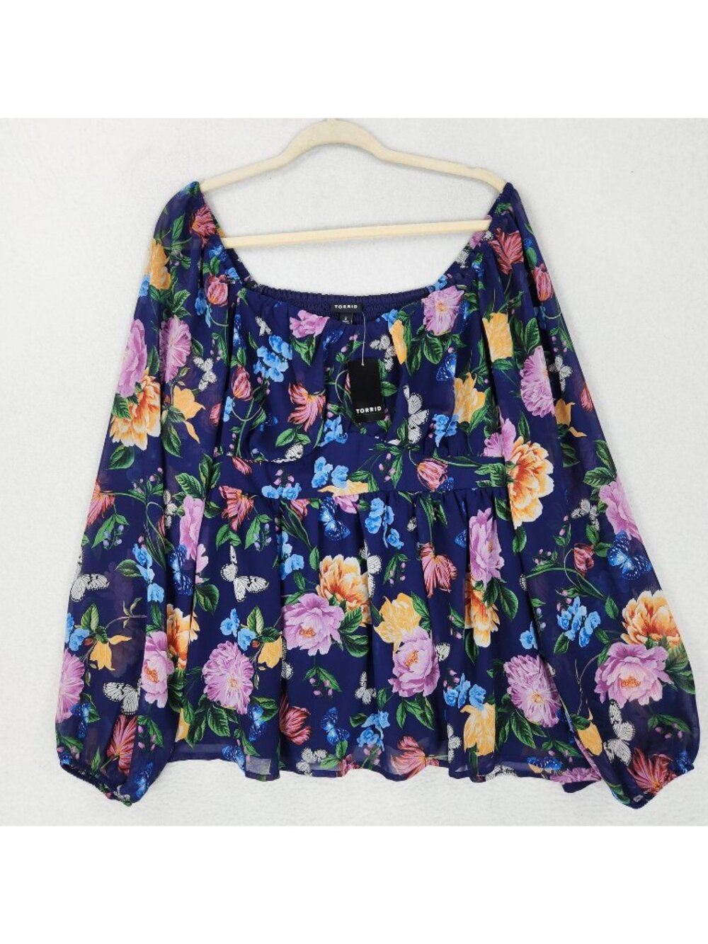 Torrid Shirt Womens 2X Blue Butterfly Garden Chiffon Peplum Long Sleeve Top NEW